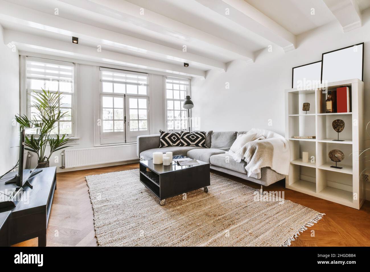 Stylish living room with grey sofa and decorative pillows Stock Photo