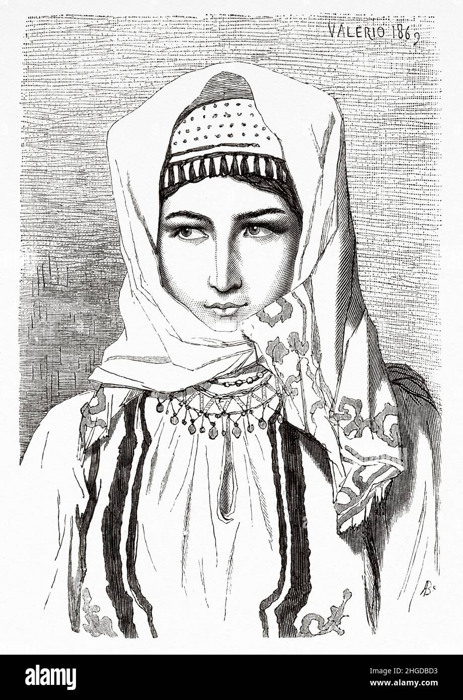 Young Croatian peasant girl dressed in traditional dress, Bosnian military border, Bosnia, Europe. Old 19th century engraved illustration from Voyage to the Southern Slavs by Georges Perrot, Le Tour du Monde 1870 Stock Photo