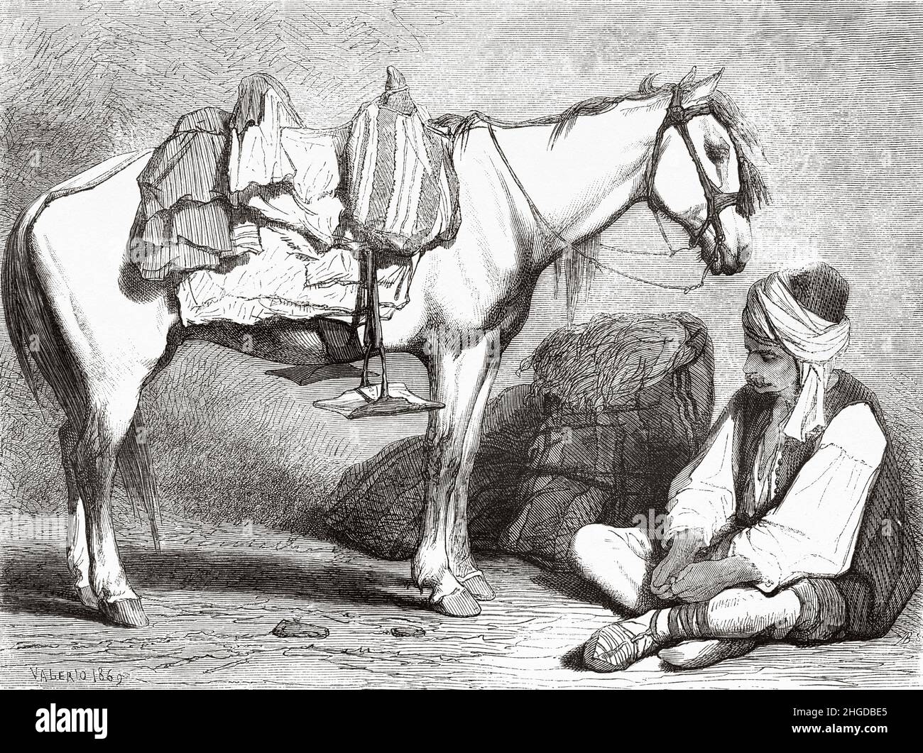 Bosnian peasant with his horse. Bosnia, Europe. Old 19th century engraved illustration from Voyage to the Southern Slavs by Georges Perrot, Le Tour du Monde 1870 Stock Photo