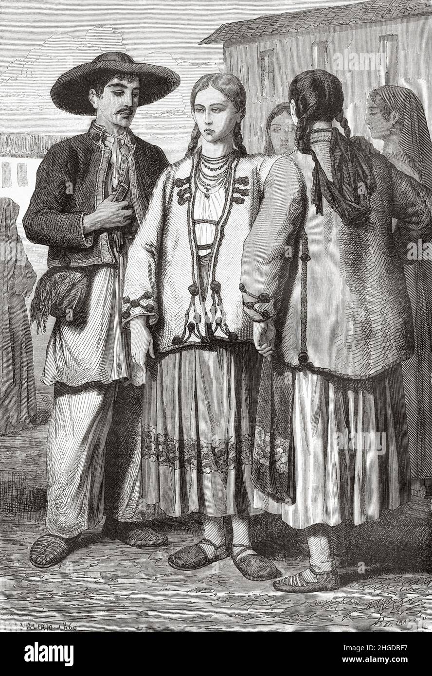 Peasant men and women dressed in the typical costumes of the surroundings of Agram, Croatia, Europe. Old 19th century engraved illustration from Voyage to the Southern Slavs by Georges Perrot, Le Tour du Monde 1870 Stock Photo