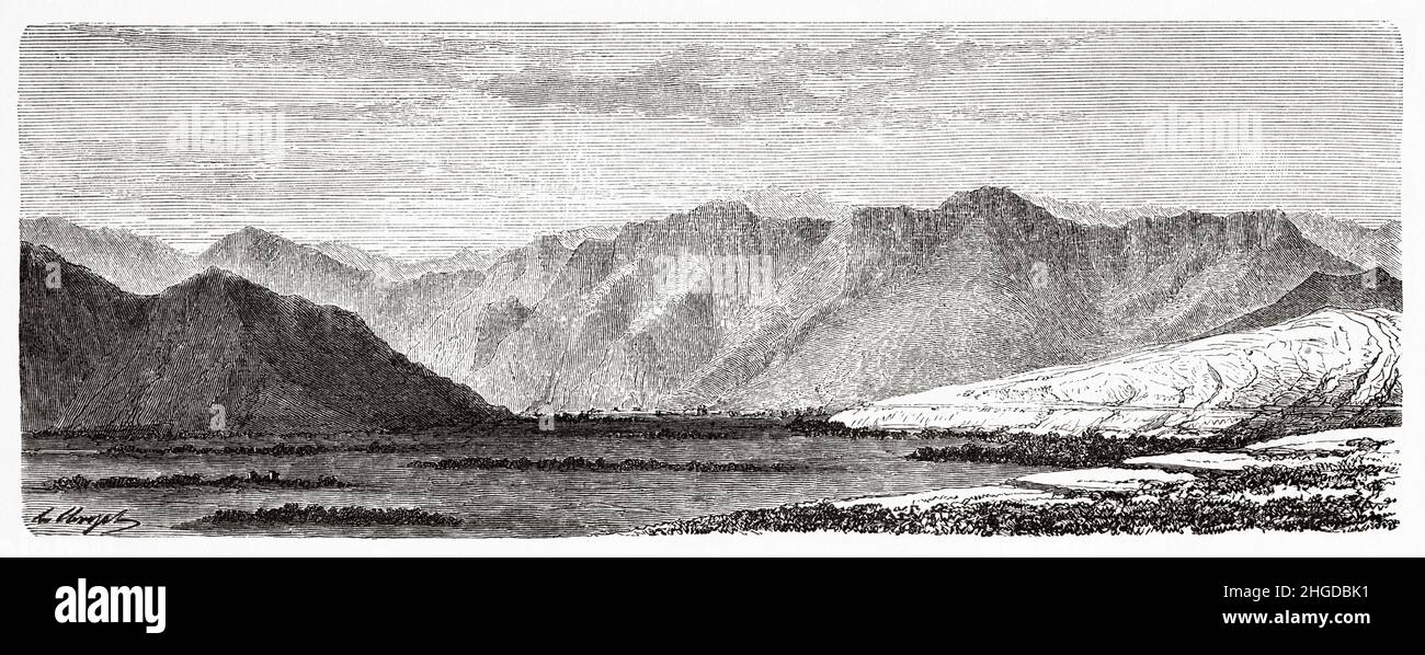 Panoramic view Martand Valley and view of the Himalaya Mountains, India, Asia. Old 19th century engraved illustration from Trip to Punjab and Kashmir by Guillaume Lejean, Le Tour du Monde 1870 Stock Photo