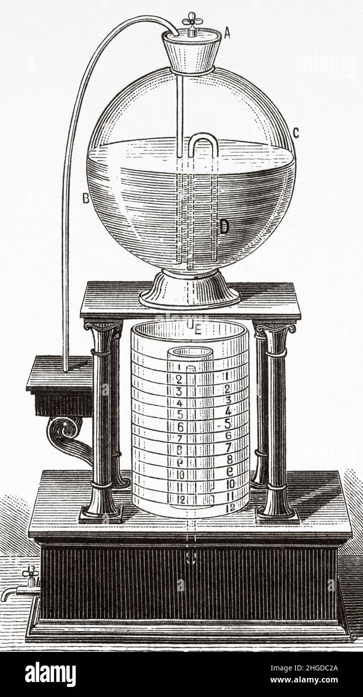 Hydraulic clocks. Egyptian clock set in motion by the sun. Old 19th century engraved illustration from La Nature 1884 Stock Photo
