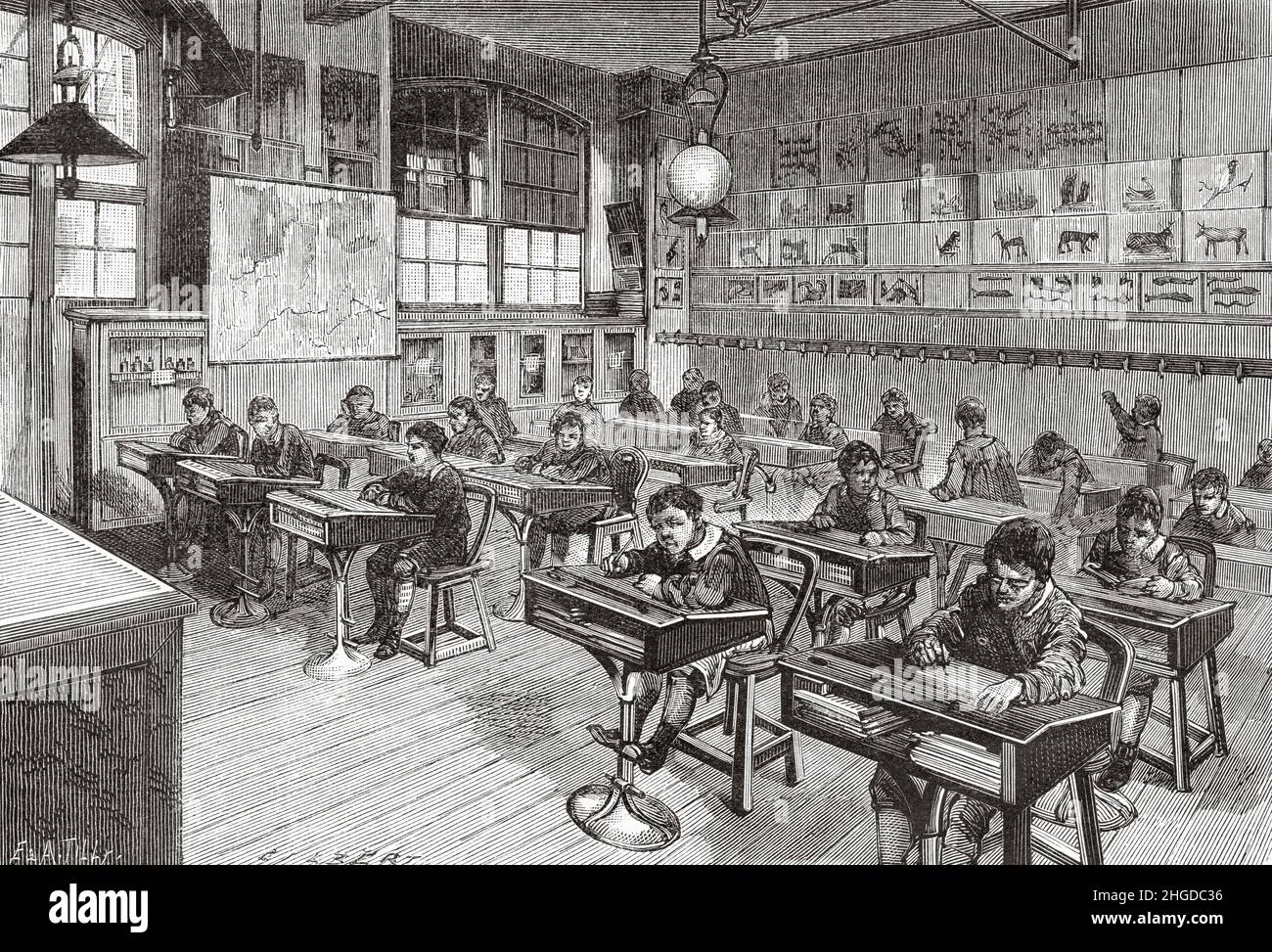 Monge school, Paris, France. Ecole Monge was founded in Paris in 1871, France. Europe. Old 19th century engraved illustration from La Nature 1884 Stock Photo