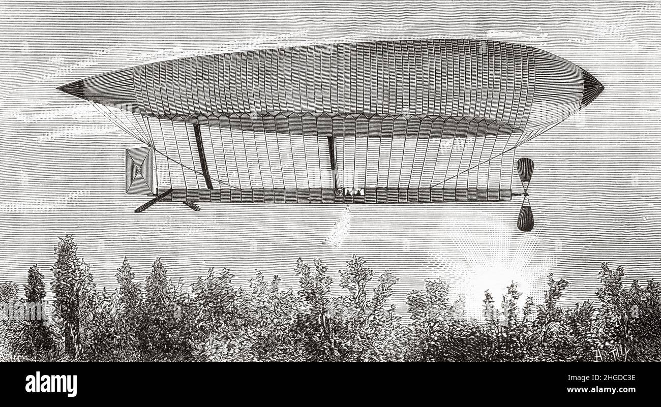 The aerostat electric airship balloon by Renard and Krebs, France. Europe. Old 19th century engraved illustration from La Nature 1884 Stock Photo