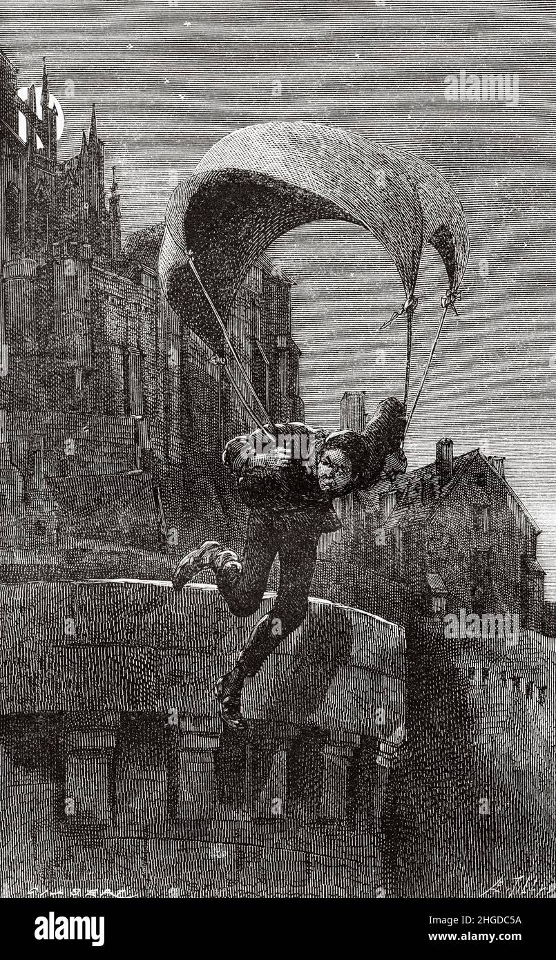 Escape of a prisoner at the old abbey Le Mont Saint Michel. Normandy, France. Europe. Old 19th century engraved illustration from La Nature 1884 Stock Photo