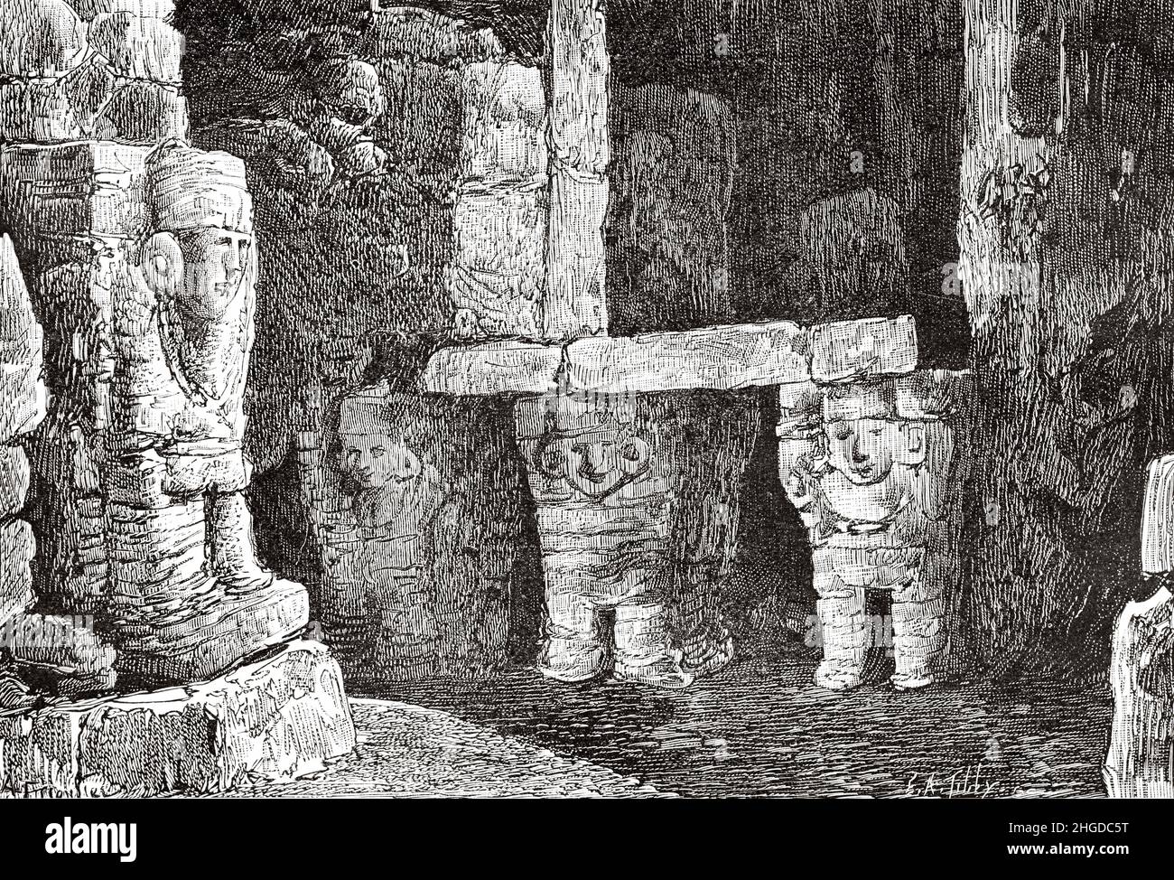 The discoveries of Augustus Henry Julian Le Plongeon (1826-1908) was a British-American archeologist and photographer who studied the pre-Columbian ruins of America, particularly those of the Maya civilization on the northern Yucatán Peninsula, Mexico, South America. Old 19th century engraved illustration from La Nature 1884 Stock Photo