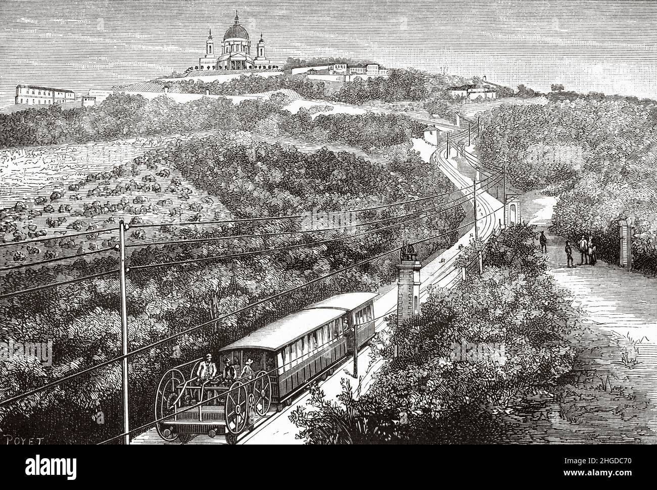 The Superga funicular railway near Turin, Italy. Europe. Old 19th century engraved illustration from La Nature 1884 Stock Photo