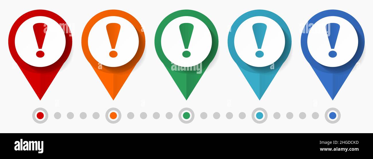 Exclamation sign, warning concept vector icon set, flat design pointers ...
