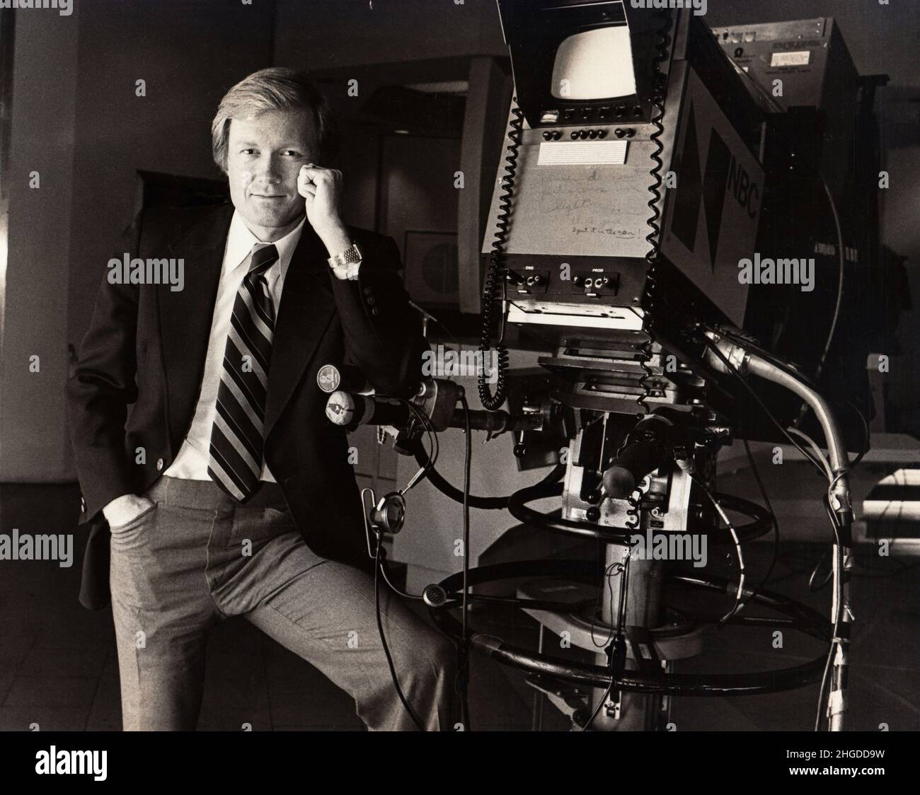A 1979 posed portrait of longtime NBC news broadcaster Chuck Scarborough at the broadcast studios in Midtown Manhattan, New York City. Stock Photo