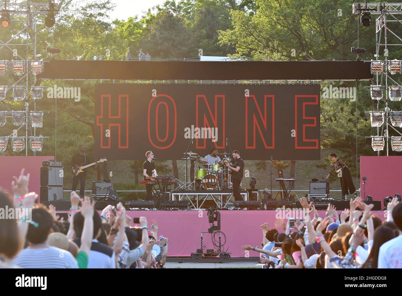 Honne performs on the stage during an Seoul Jazz Festival 2017 at Olympic Park in Seoul, South Korea. Seoul Jazz Festival, a local festival that has grown into a representative spring festival over a decade, will take place at Seoul Olympic Park on May 27 and 28. This year the festival invited many prominent jazz artists including Jamiroquai, a British funk and acid jazz band, which returns to Seoul for the first time in four years. The Grammy Award-winning band with a large local fan base will play classic disco-funk from their new album 'Automaton.' Jazz diva Dianne Reeves, R&B-based jazz bi Stock Photo