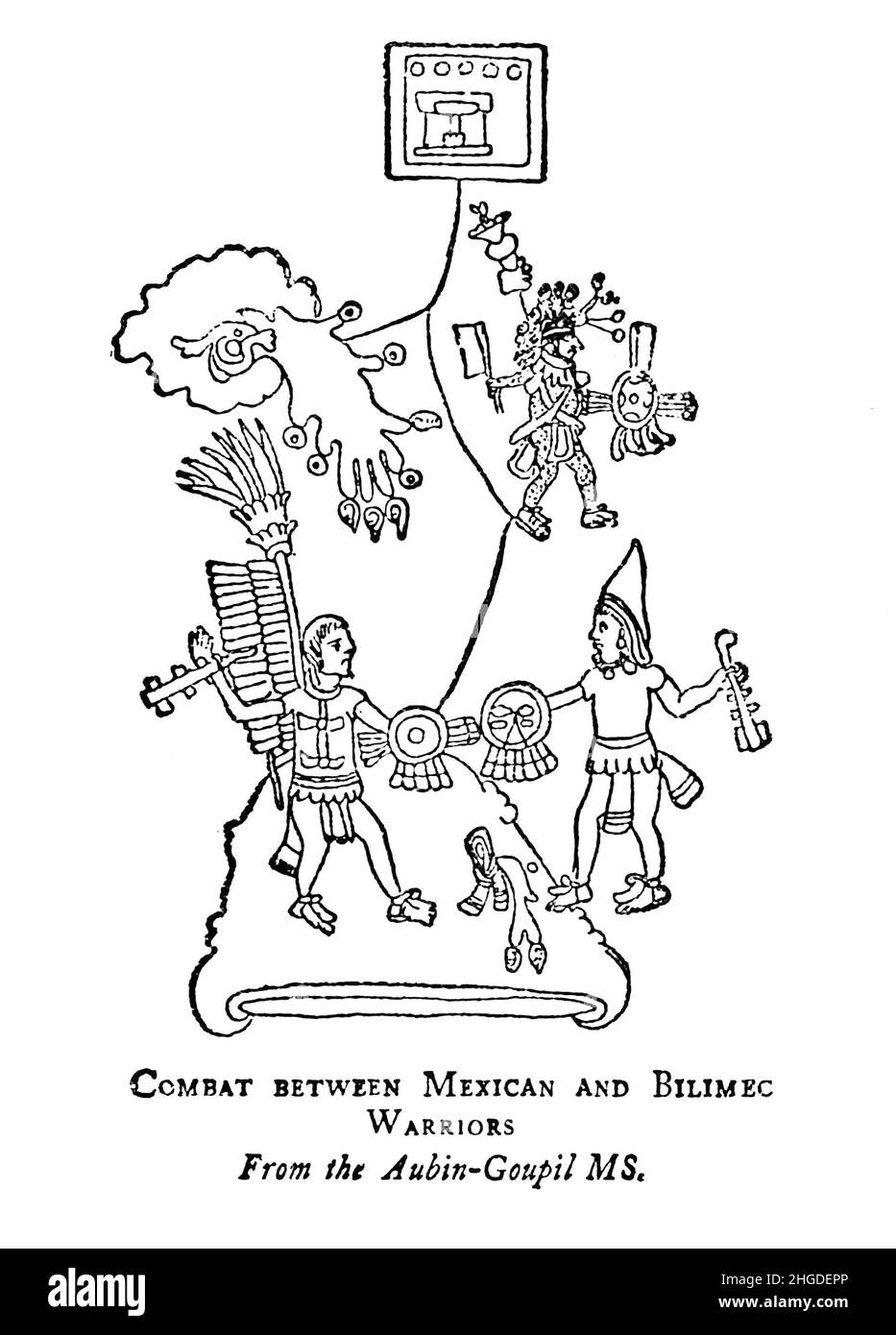 Combat between Mexican and Bilimec Warriors from the book ' Myths and Legends Mexico and Peru ' by Lewis Spence, Publisher Boston : David D. Nickerson 1915 Stock Photo