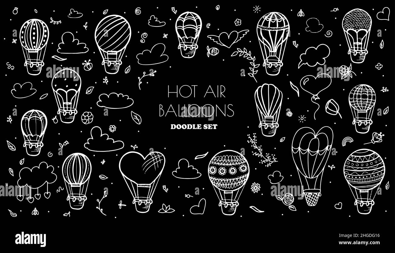 Doodle vector set of hot air balloons with clouds. Colorful hand draw illustration flying vehicles. Romantic balloons. Sky with tourist balloons for Stock Vector