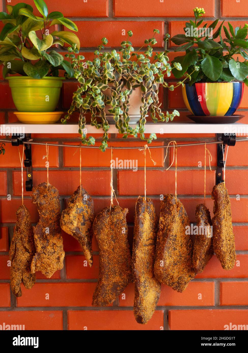 Homemade Beef Jerky Strips Hang in the Sun Drying Stock Photo Alamy