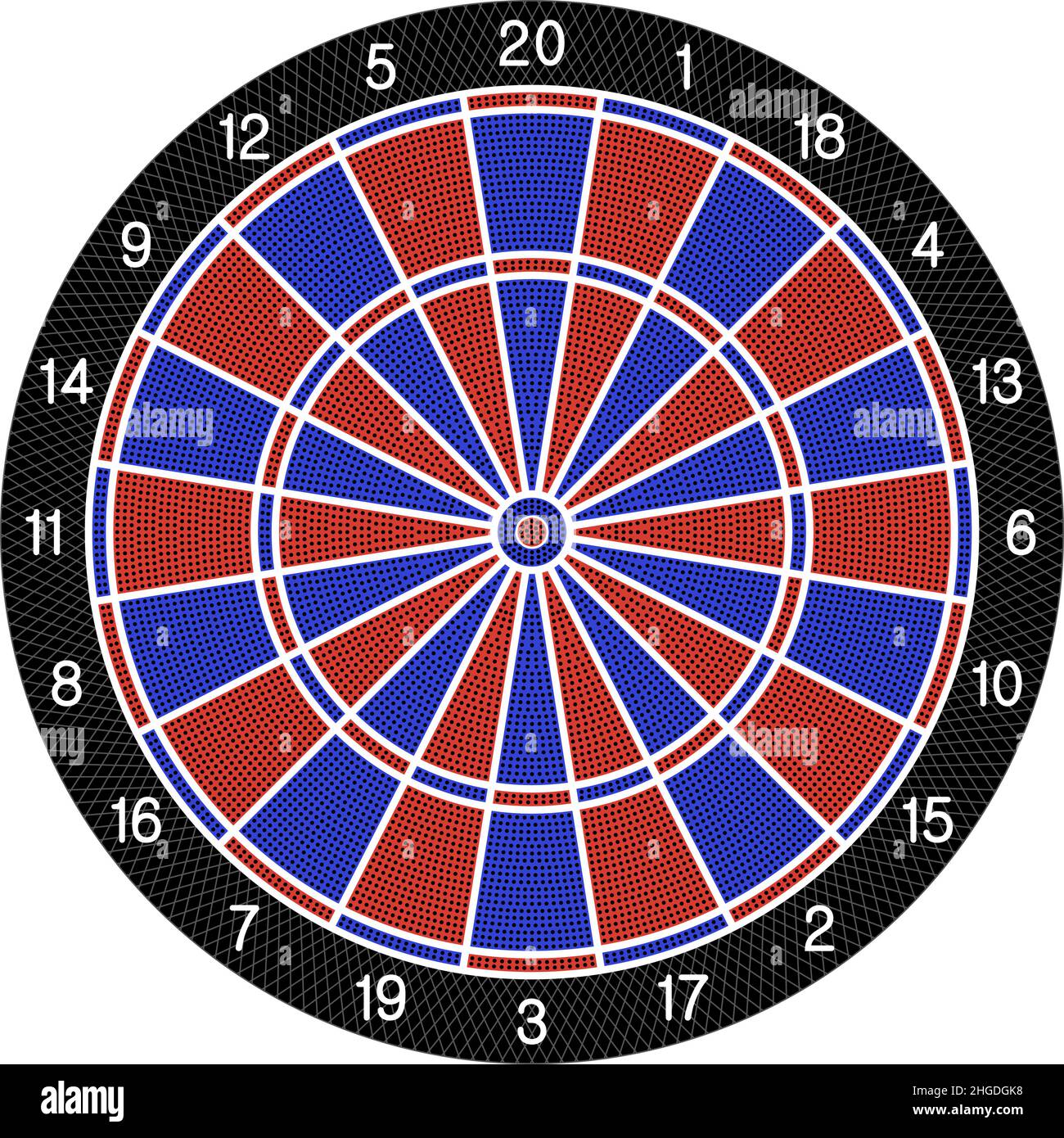 Electric Dartboard vector with all fields and Numbers on white background. Realistic looking e-Dart board in Blue and Red. Stock Vector