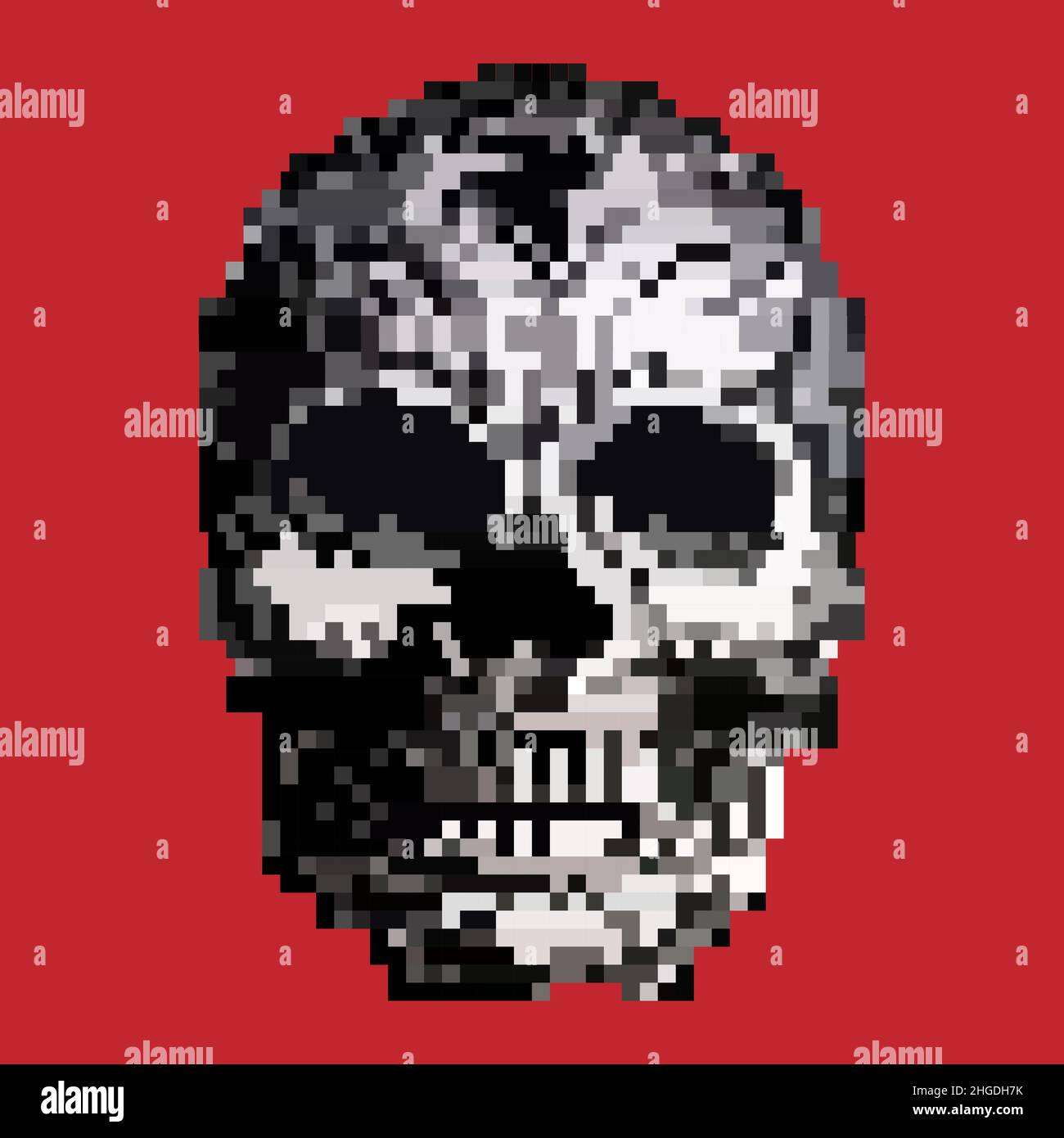 Pixel skull logo vector illustration on black background. Game old style skull illustration. Stock Vector