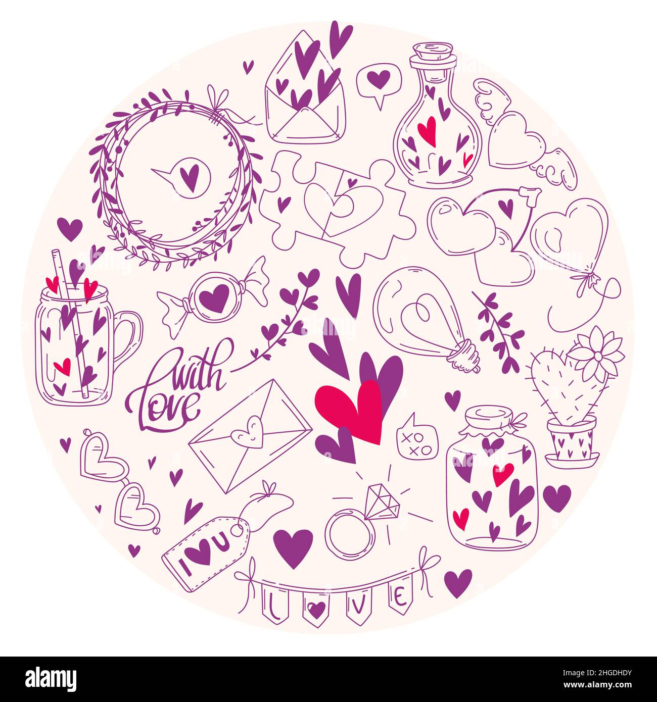 Hand-drawn simple doodle love and 14th february themed elements. Isolated vector outline illustrations for the St.Valentine's day Stock Vector