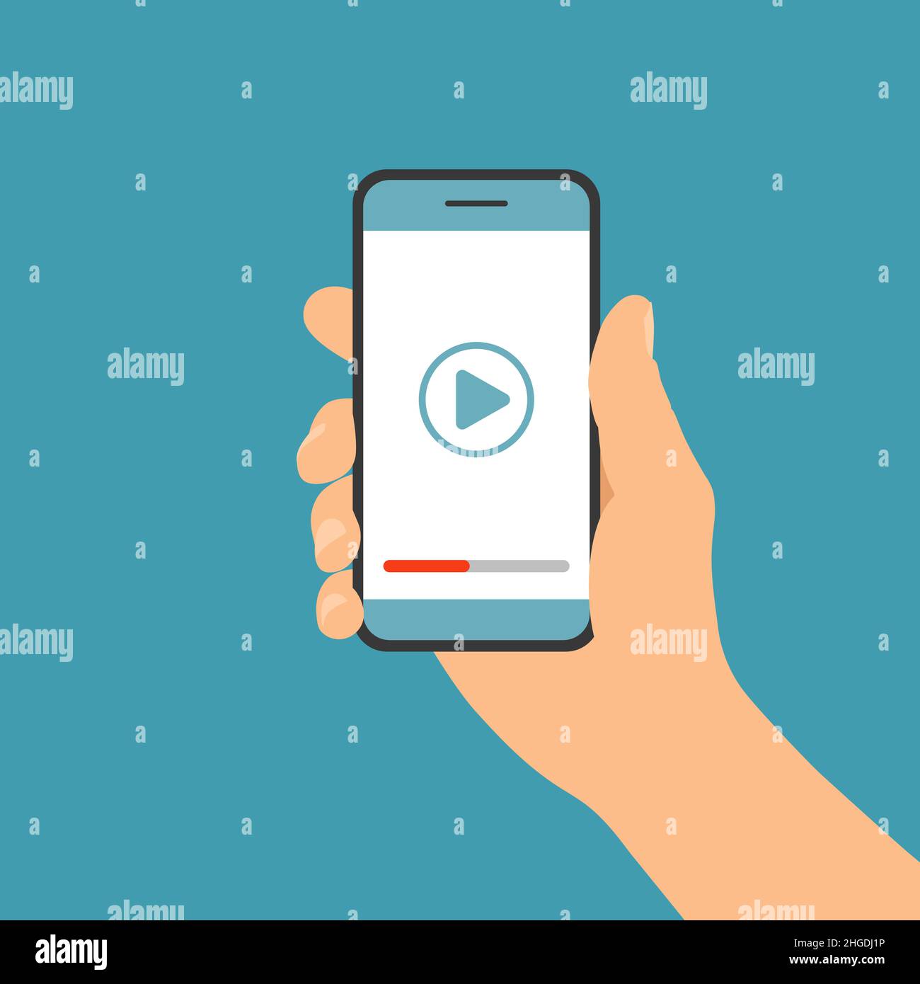 Flat design illustration of male hand holding touch screen mobile phone. Video or media playback on display - vector Stock Vector