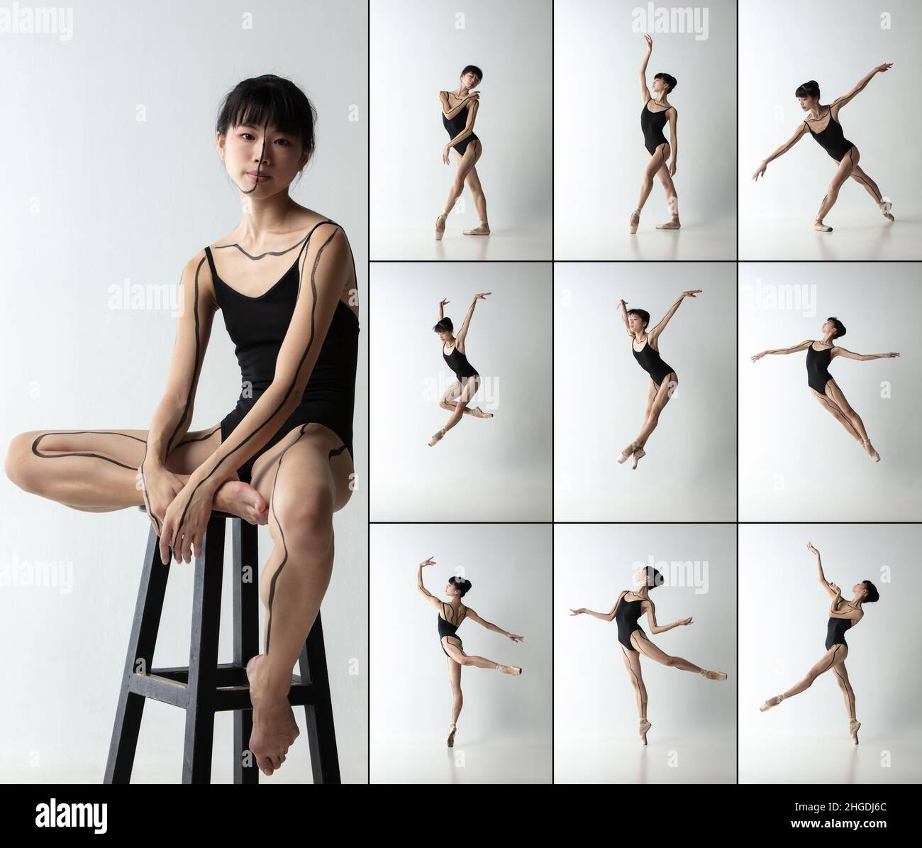Set of portraits of graceful Japanese ballet dancer, ballerina dancing