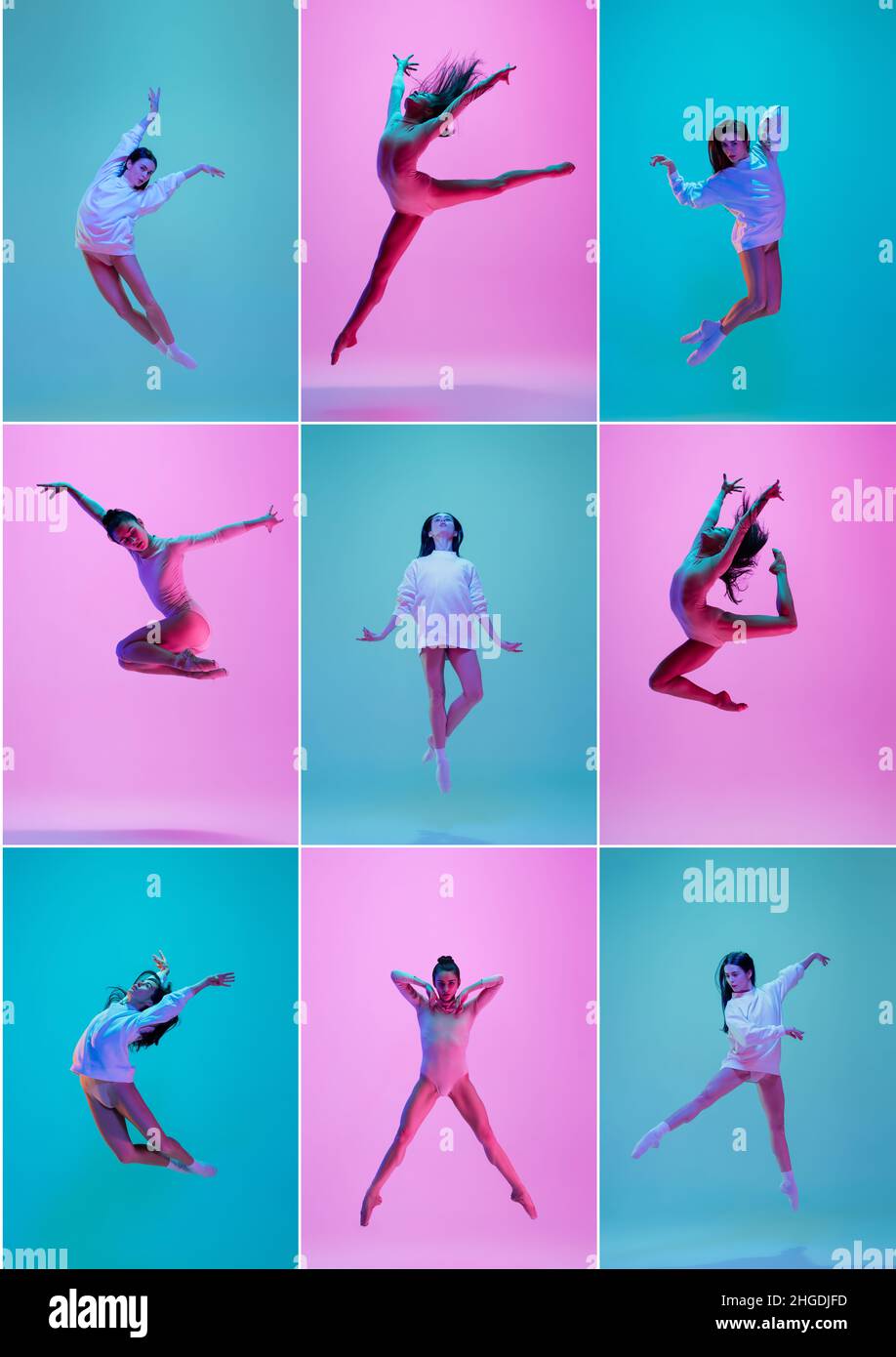 Collage of images of young and graceful ballet dancer isolated on pink ...