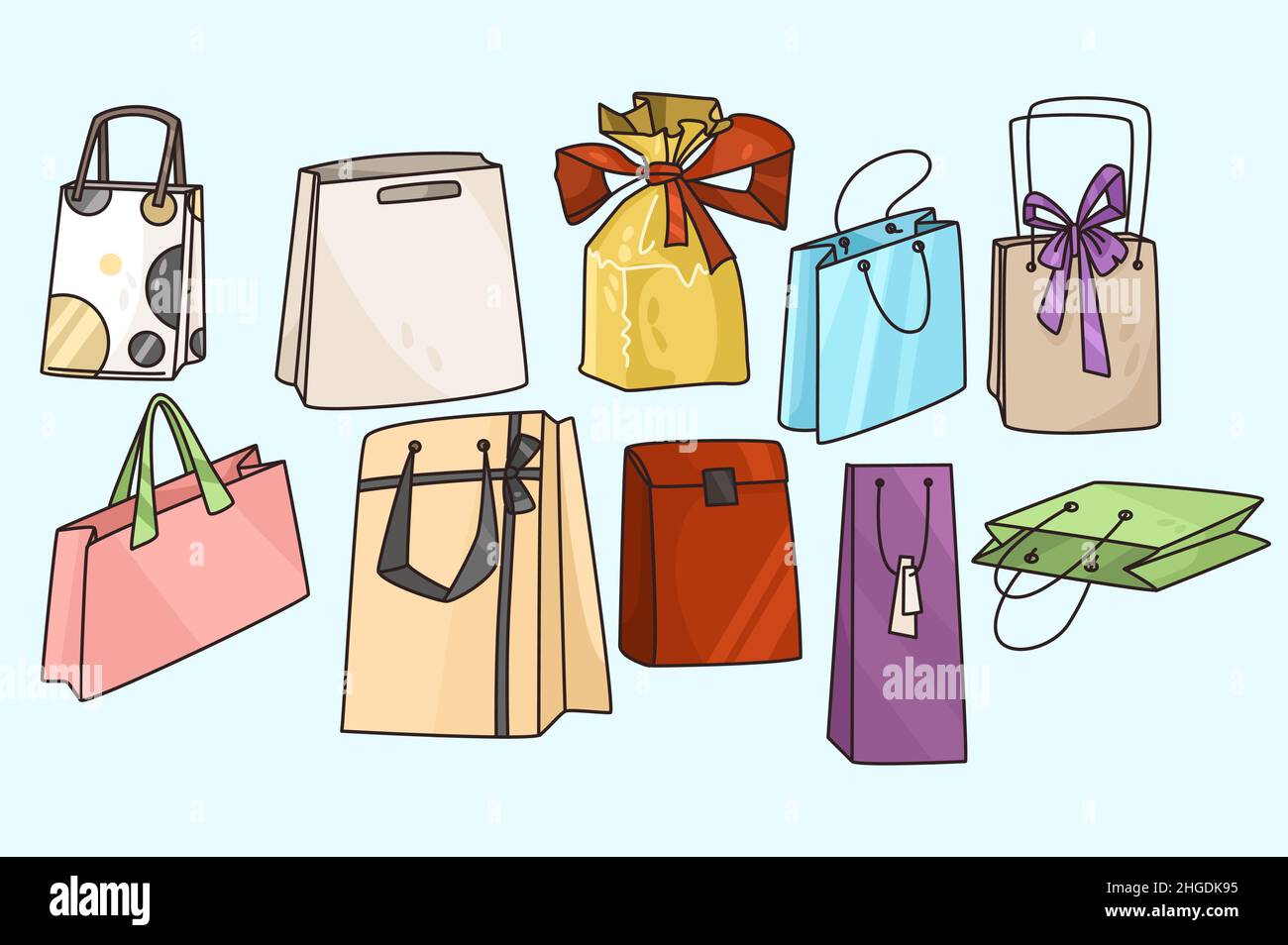 Set of various paper gift bags for birthday or anniversary. Collection of  present or shopping packaging of different forms and sizes. Buy and  purchase. Flat vector illustration Stock Vector Image & Art -