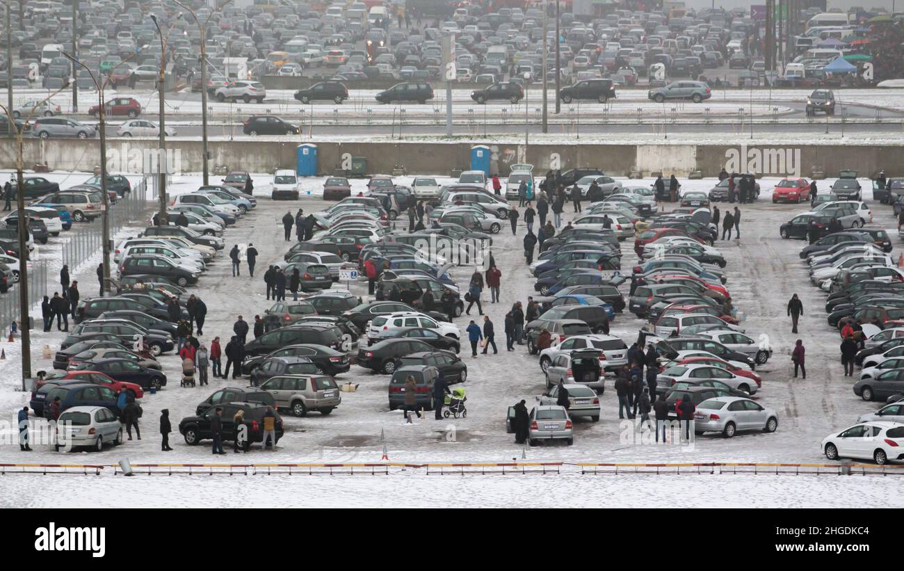 Used car market. General view from above. Cars, vendors, customers, gawkers. Minsk. Belarus. Stock Photo