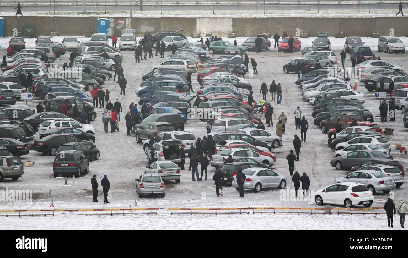 Used car market. General view from above. Cars, vendors, customers, gawkers. Minsk. Belarus. Stock Photo