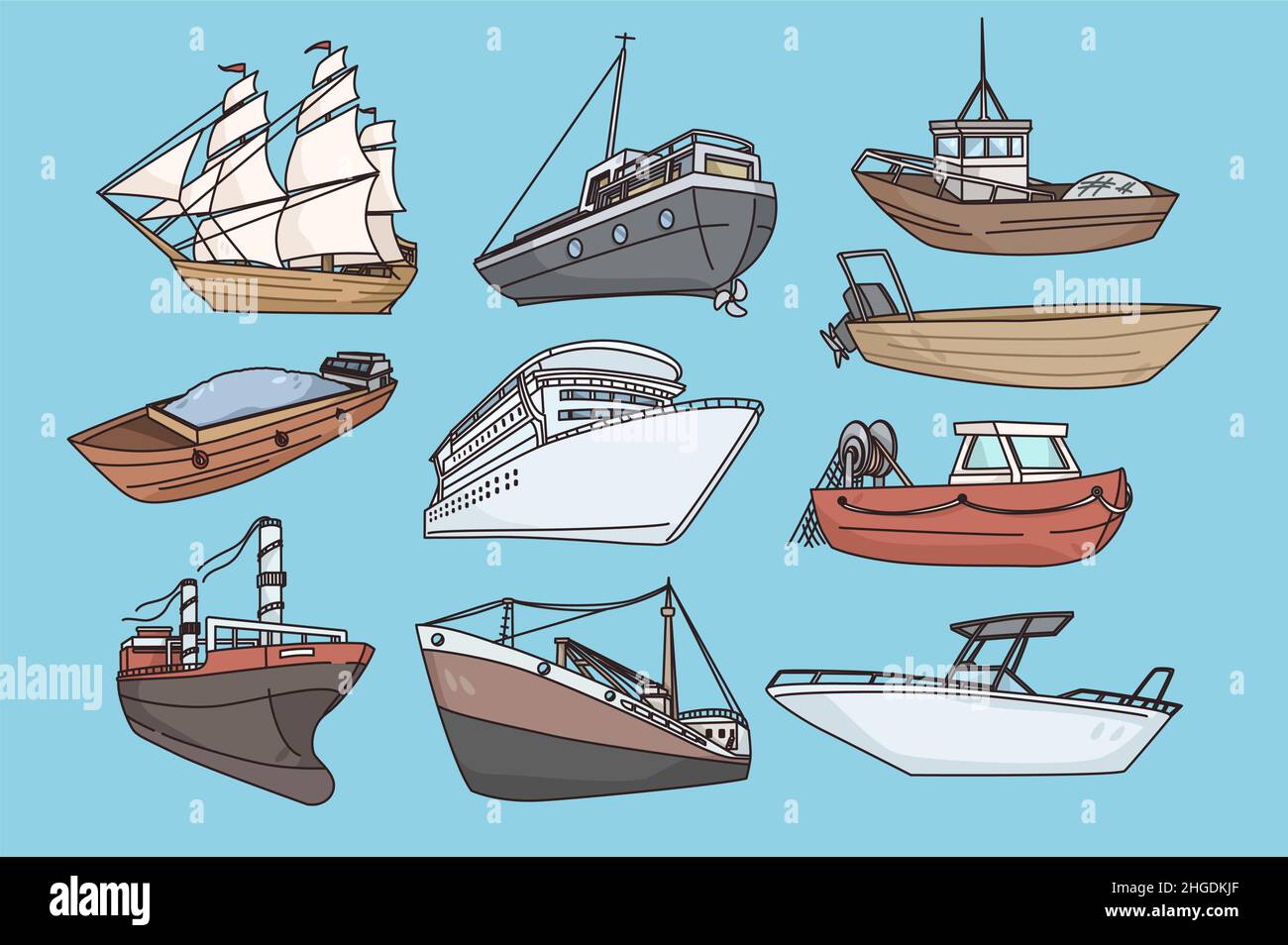 Set of various ships and boats on background. Collection or nautical