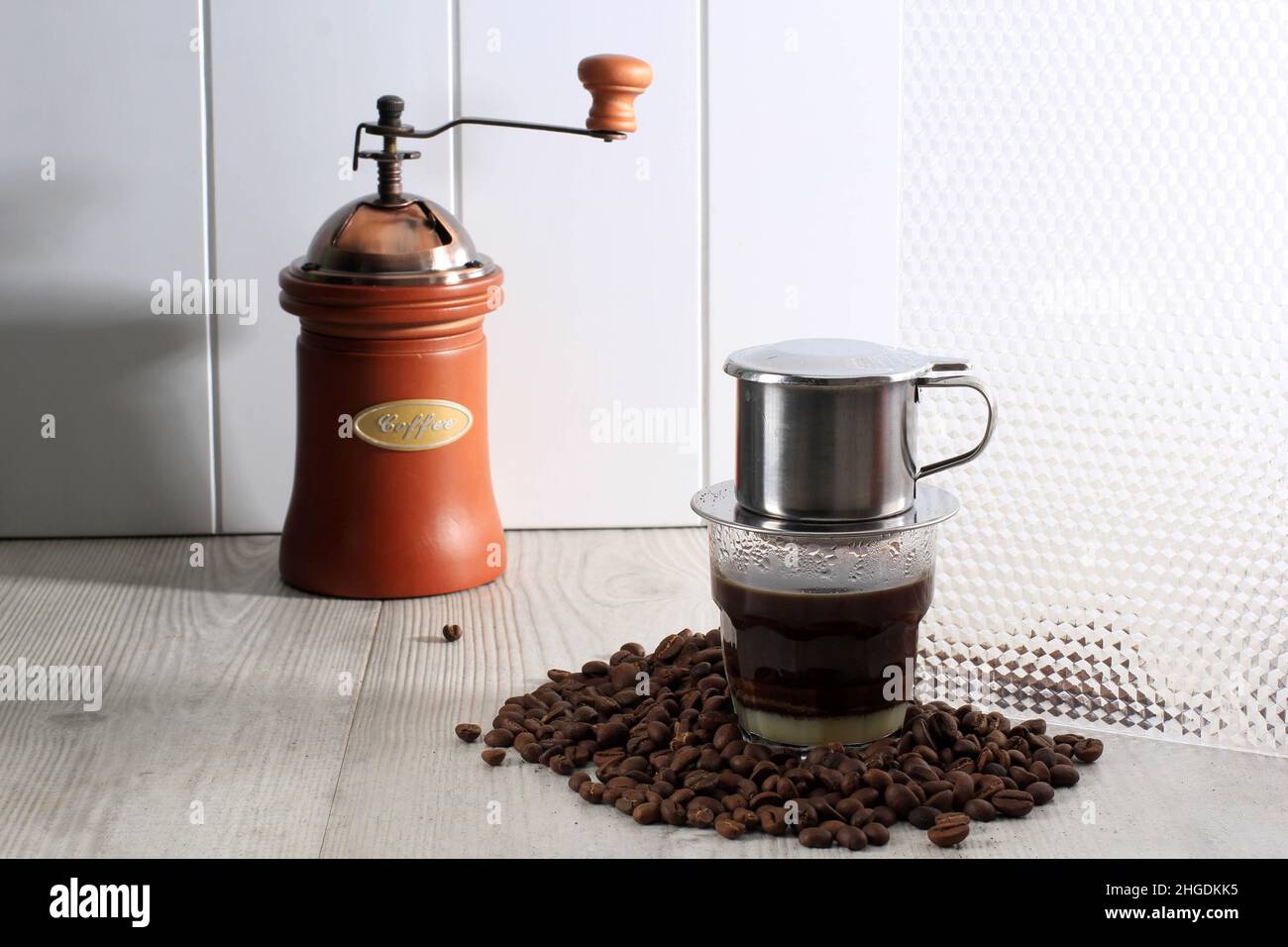 Vietnam Coffee Dripper, Coffee Cup and Coffee Bean, Vintage Style Stock