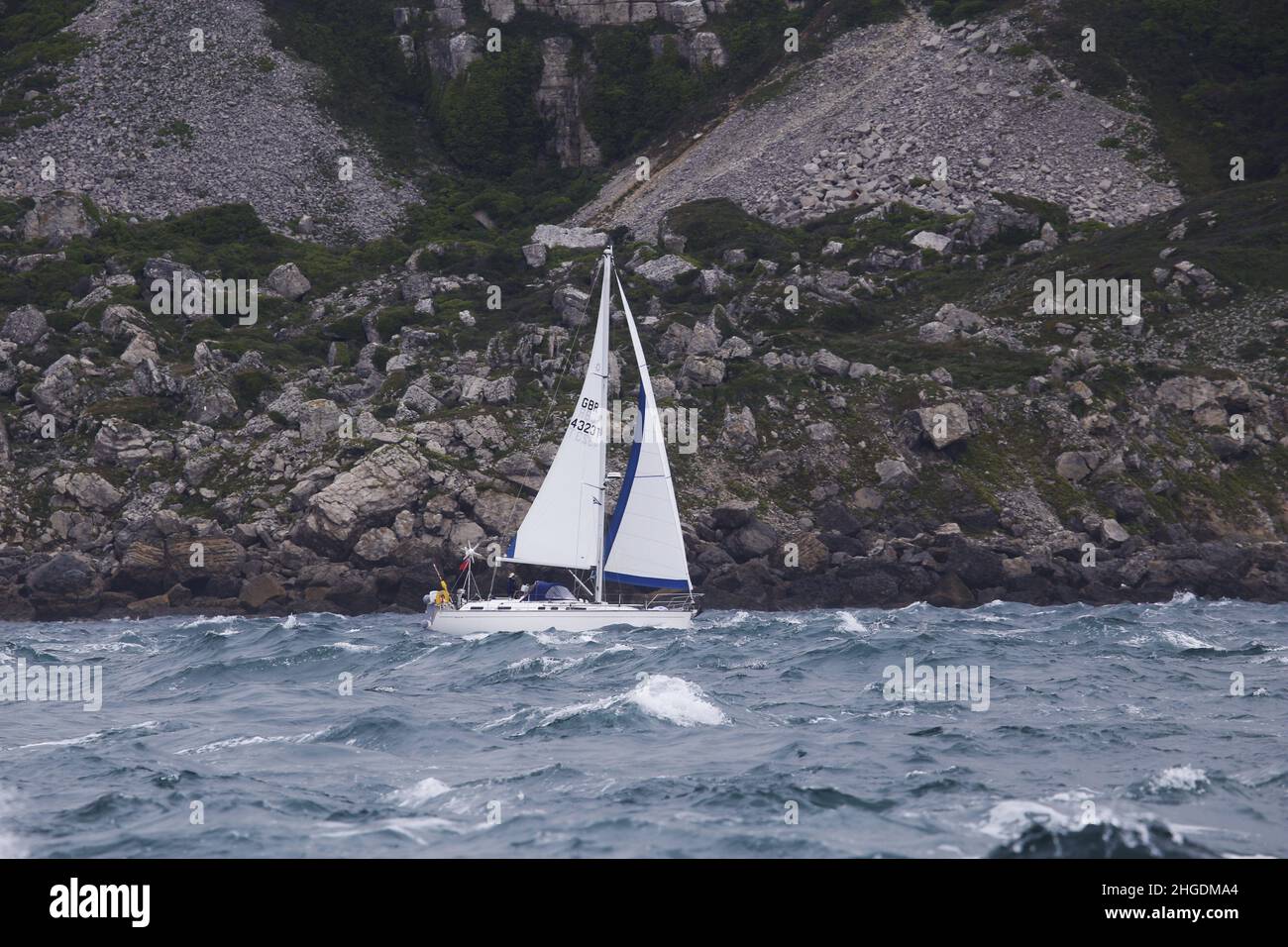 Moody yacht GBR 4323T enduring the overfalls off St Alban's Head, Dorset Stock Photo