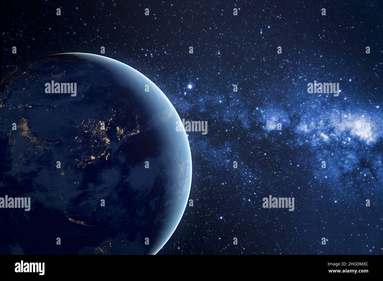 Planet earth planet in deep space against blue nebula. Night view from the orbit of the planet with cities lights. Outer space dark wallpaper with Eat Stock Photo
