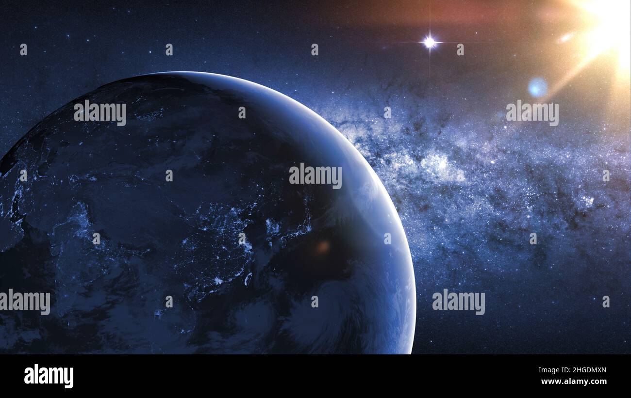 Planet earth planet in deep space against blue nebula and glowing hot ...