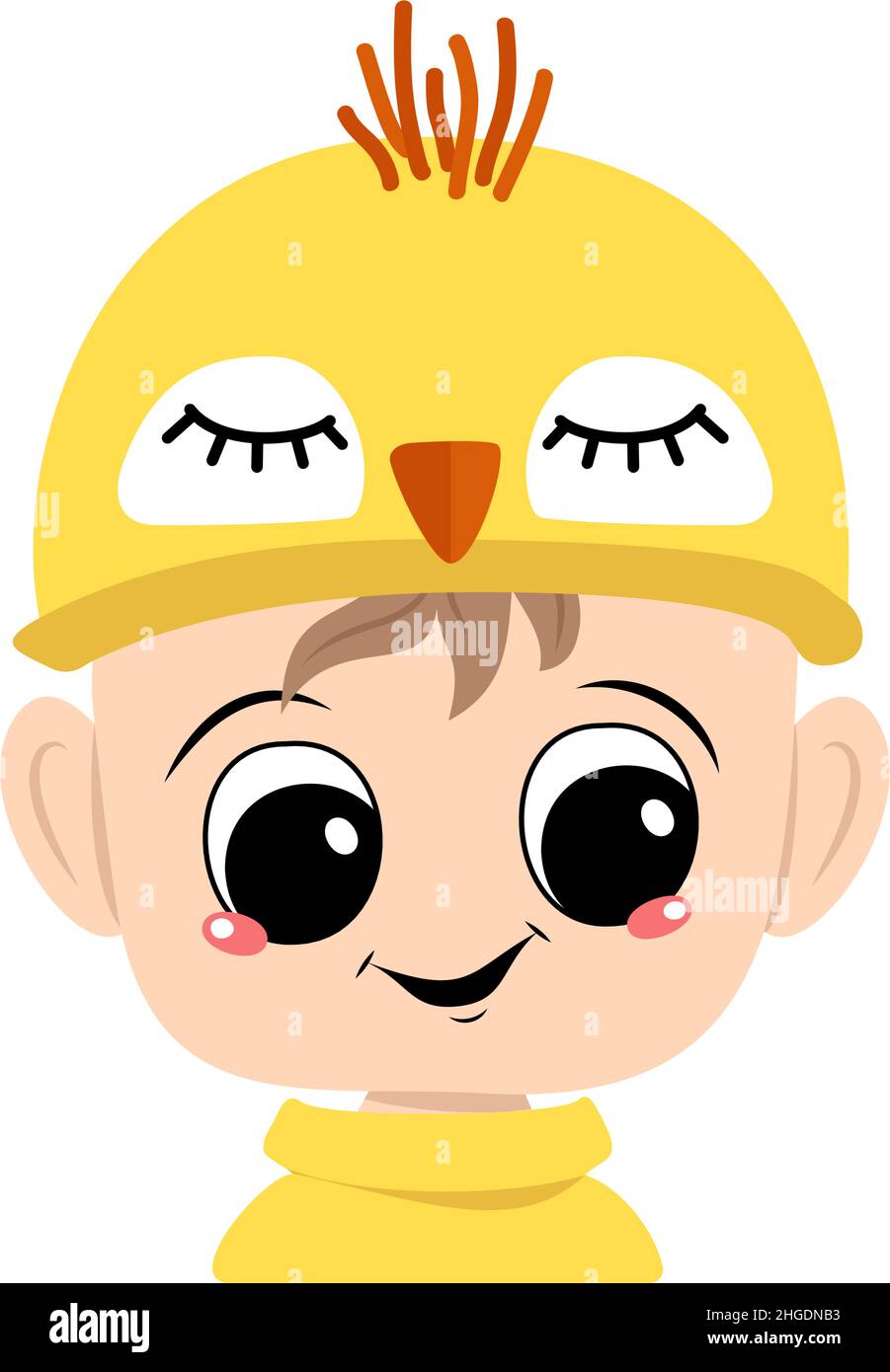 Avatar of boy with big eyes and wide happy smile in cute yellow chicken hat. Head of child with joyful face for holiday Easter, New Year or costume for party. Vector flat illustration Stock Vector