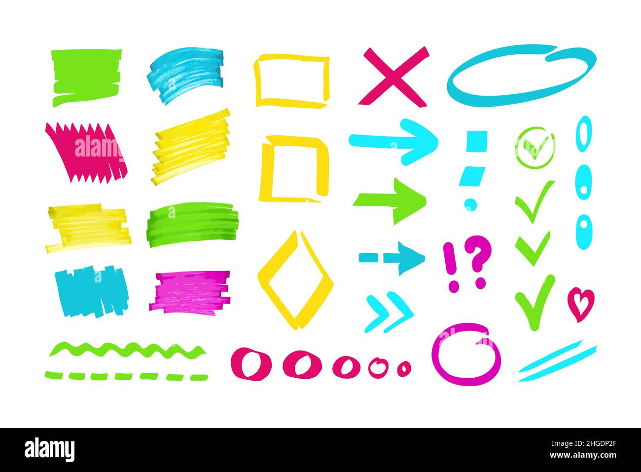 Colourful marker highlighter stripes, shapes, pointers, lines. Collection of hand drawn elements. Simple vector design for notes, memo, bullet journal Stock Vector