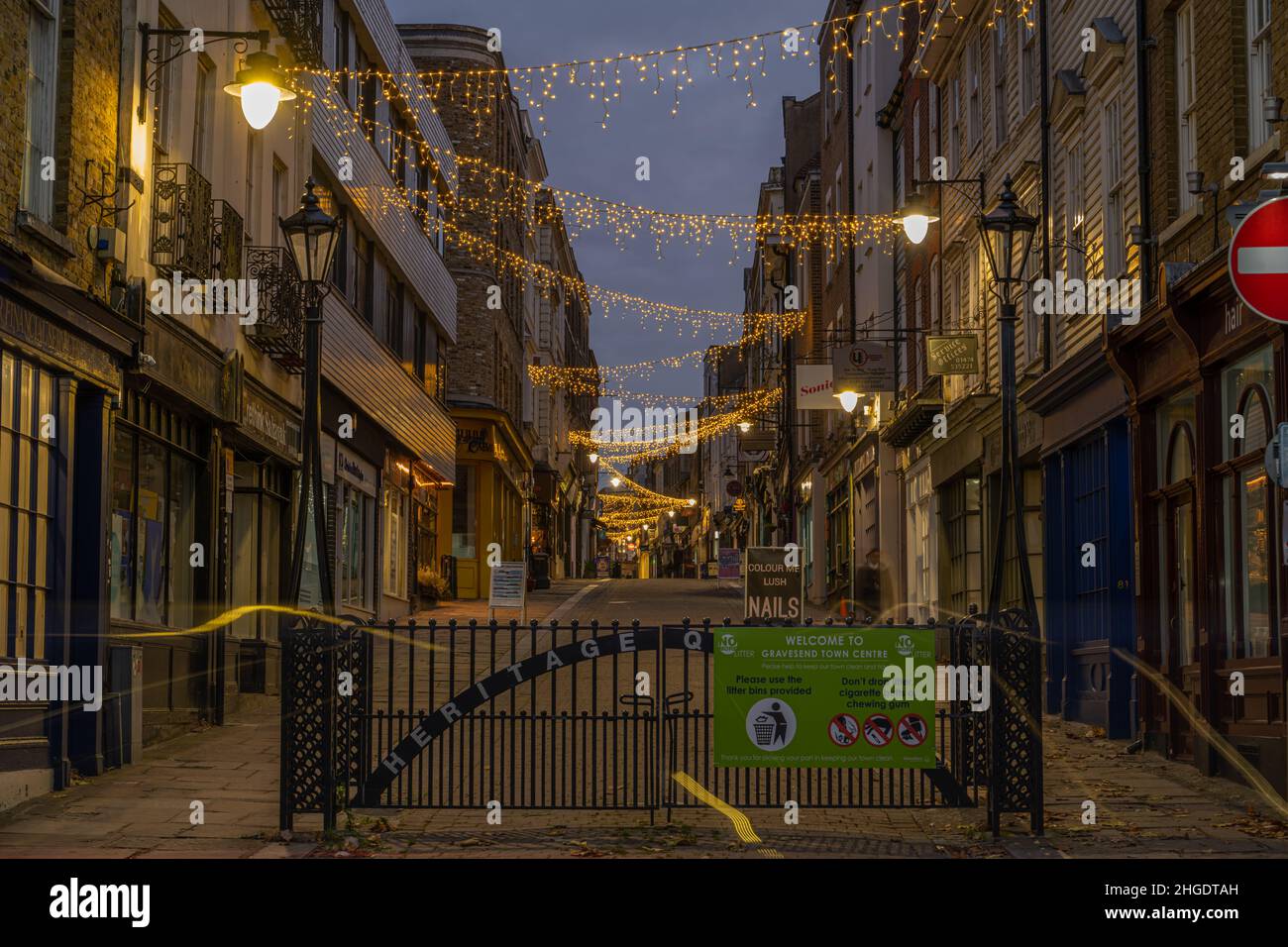 Christmas Lights on The High Street in Gravesend Kent. At nightfall