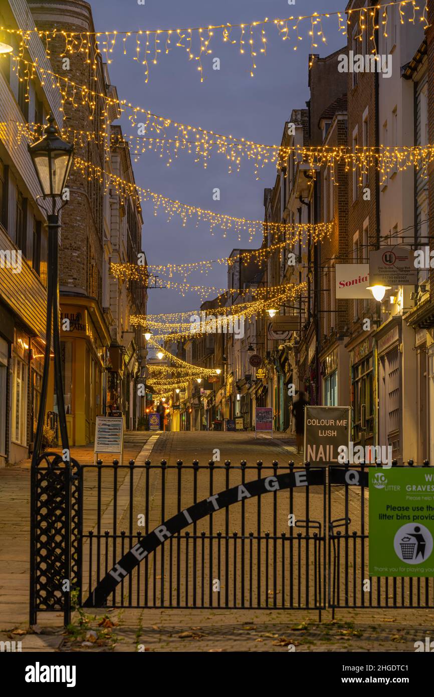 Christmas Lights on The High Street in Gravesend Kent. At nightfall