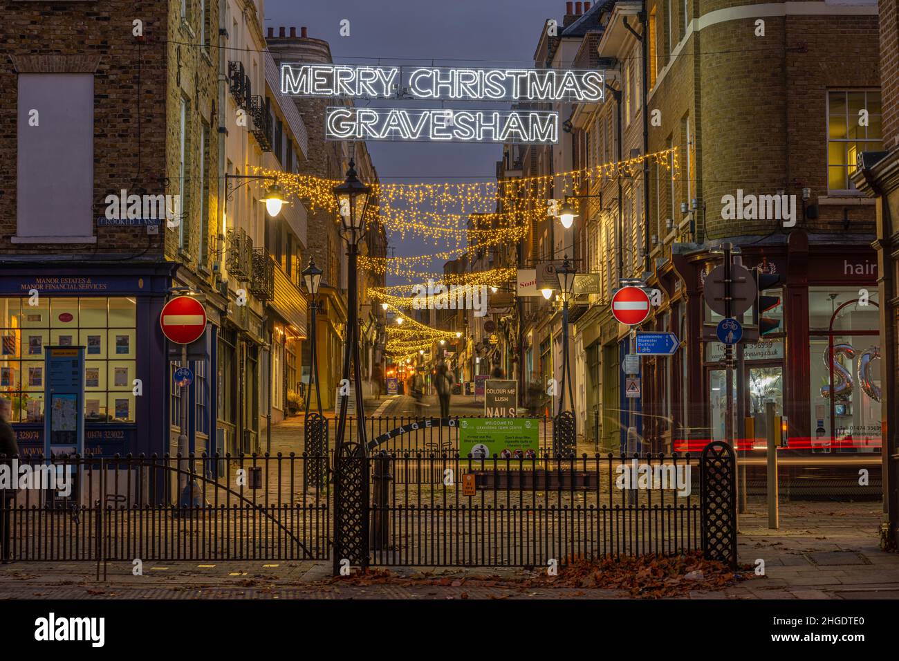 Christmas Lights on The High Street in Gravesend Kent. At nightfall