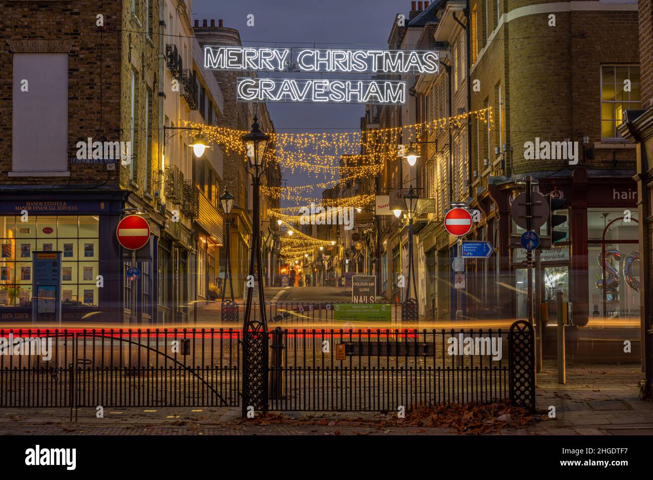 Christmas Lights on The High Street in Gravesend Kent. At nightfall