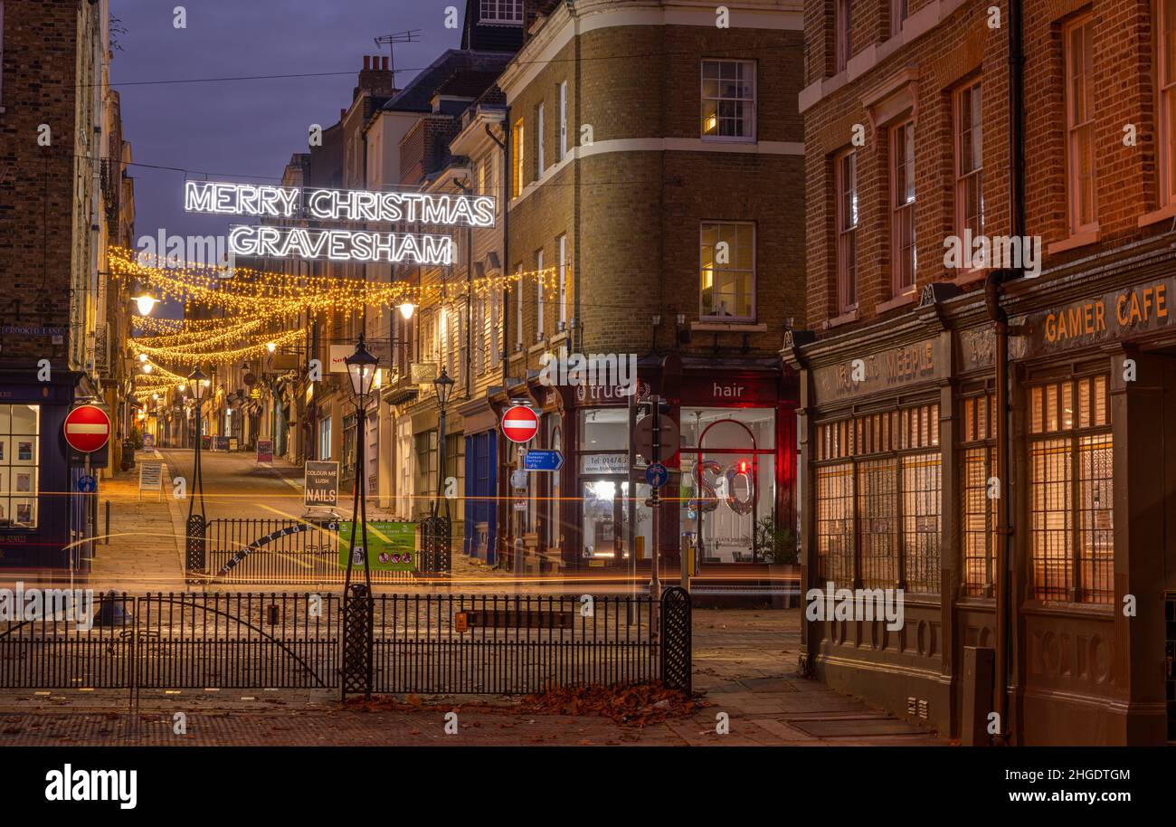 Christmas Lights on The High Street in Gravesend Kent. At nightfall