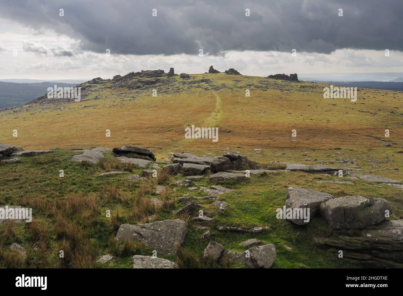 Looking up to Great Staple from Roos Tor, Dartmoor National Park, Devon Stock Photo