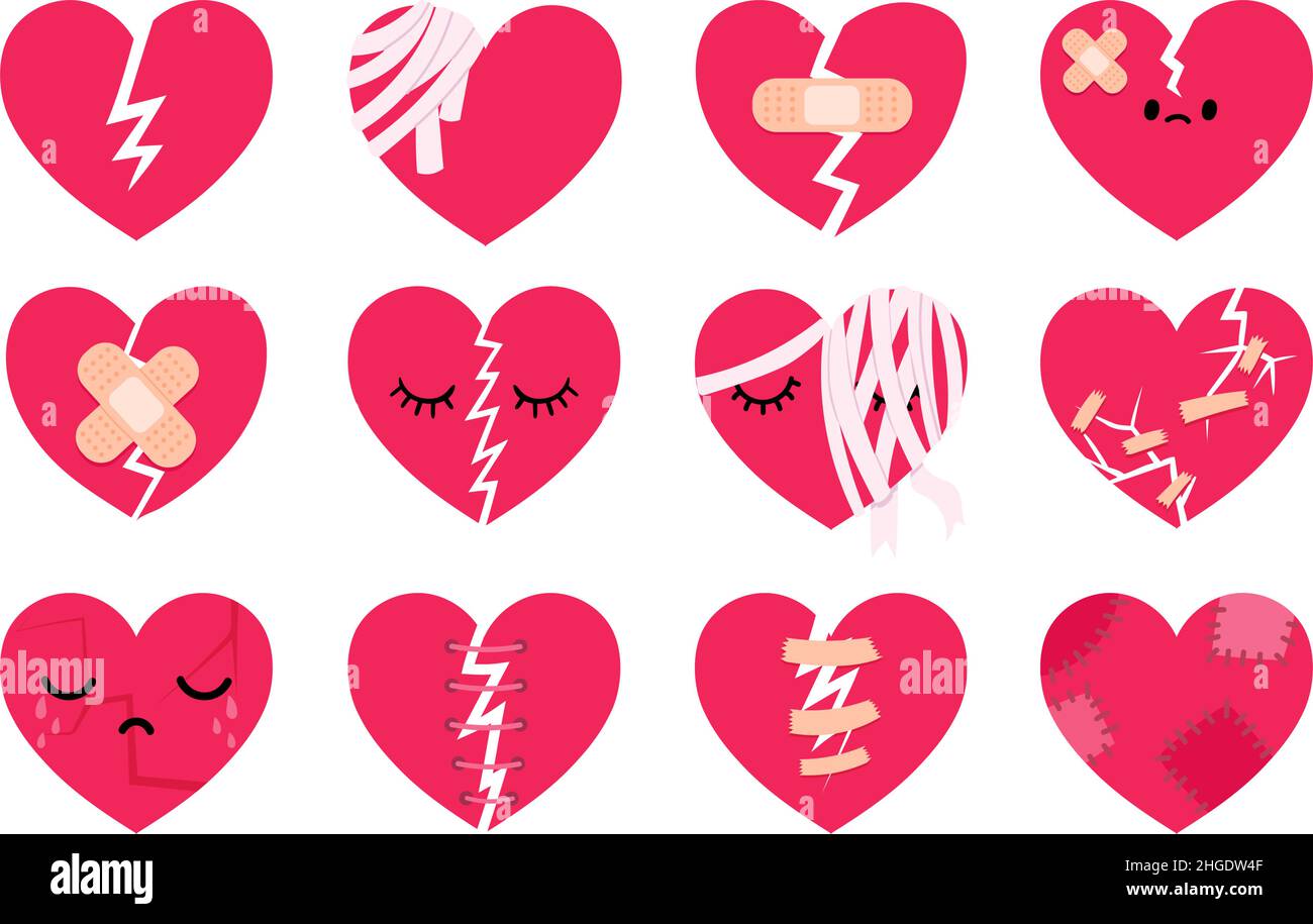 Broken sad hearts with tears, cracks, aid bandages and stitches. Heartbreak, divorce and relationship breakup symbol characters vector set Stock Vector