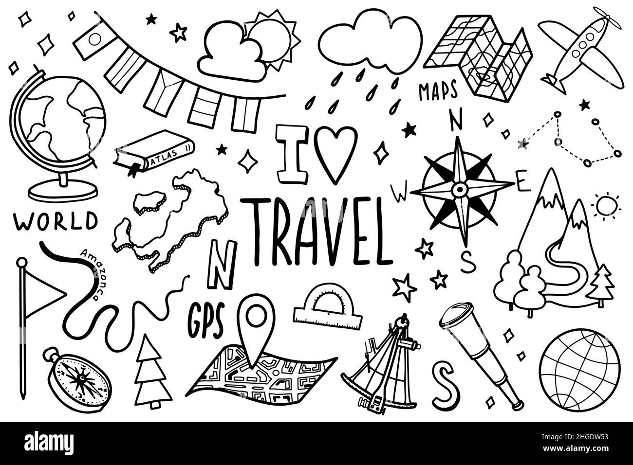 Travel icons set in hand drawn doodle style. Tourism and geography ...