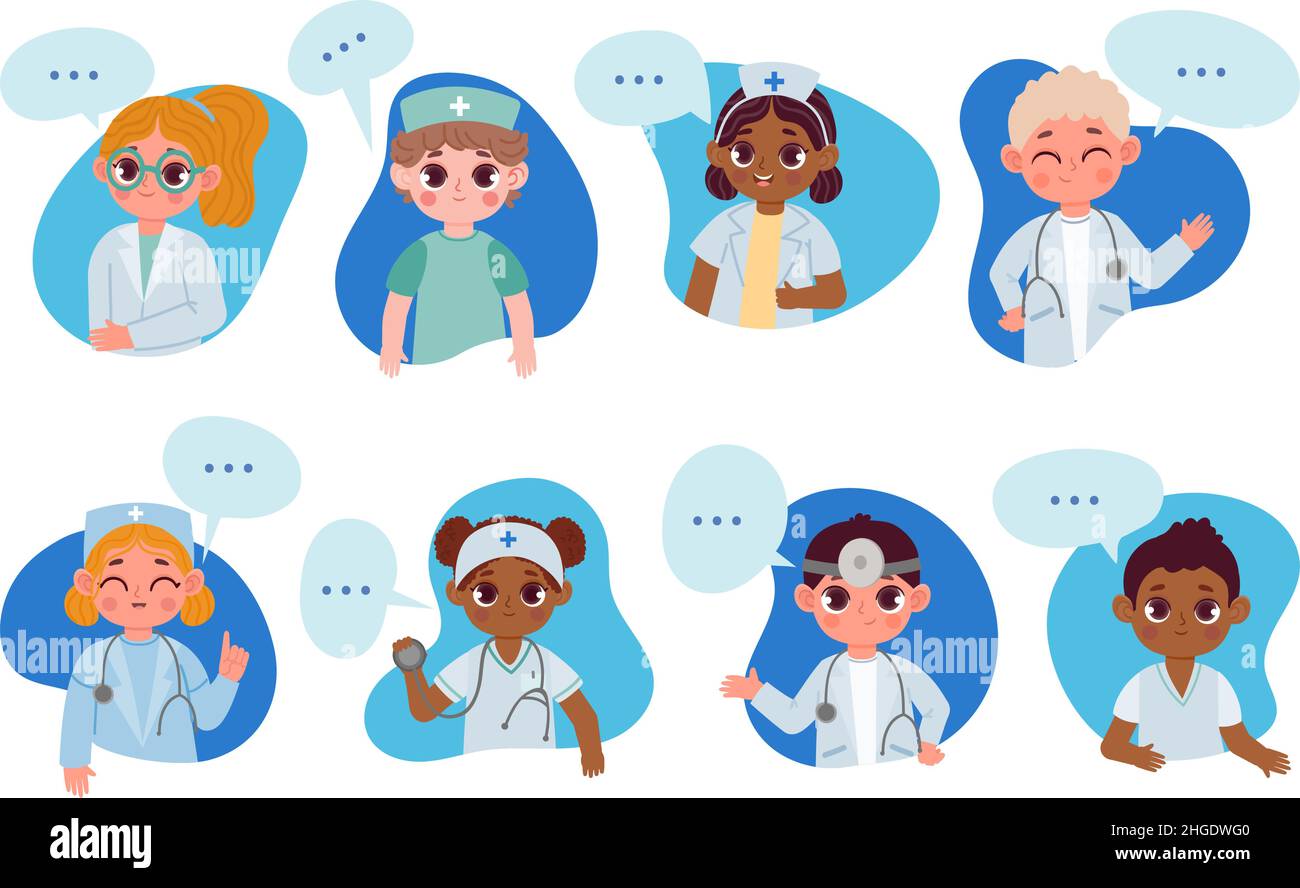 Kids doctors characters with speech bubble, medical health info. Cartoon children nurse, dentist, physician talk about healthcare vector set Stock Vector