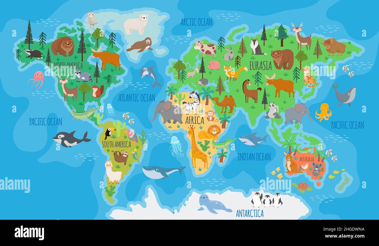 .Cartoon world map for kids nursery with forest animals. Children geography education with europe, asia, australia and america vector poster Stock Vector