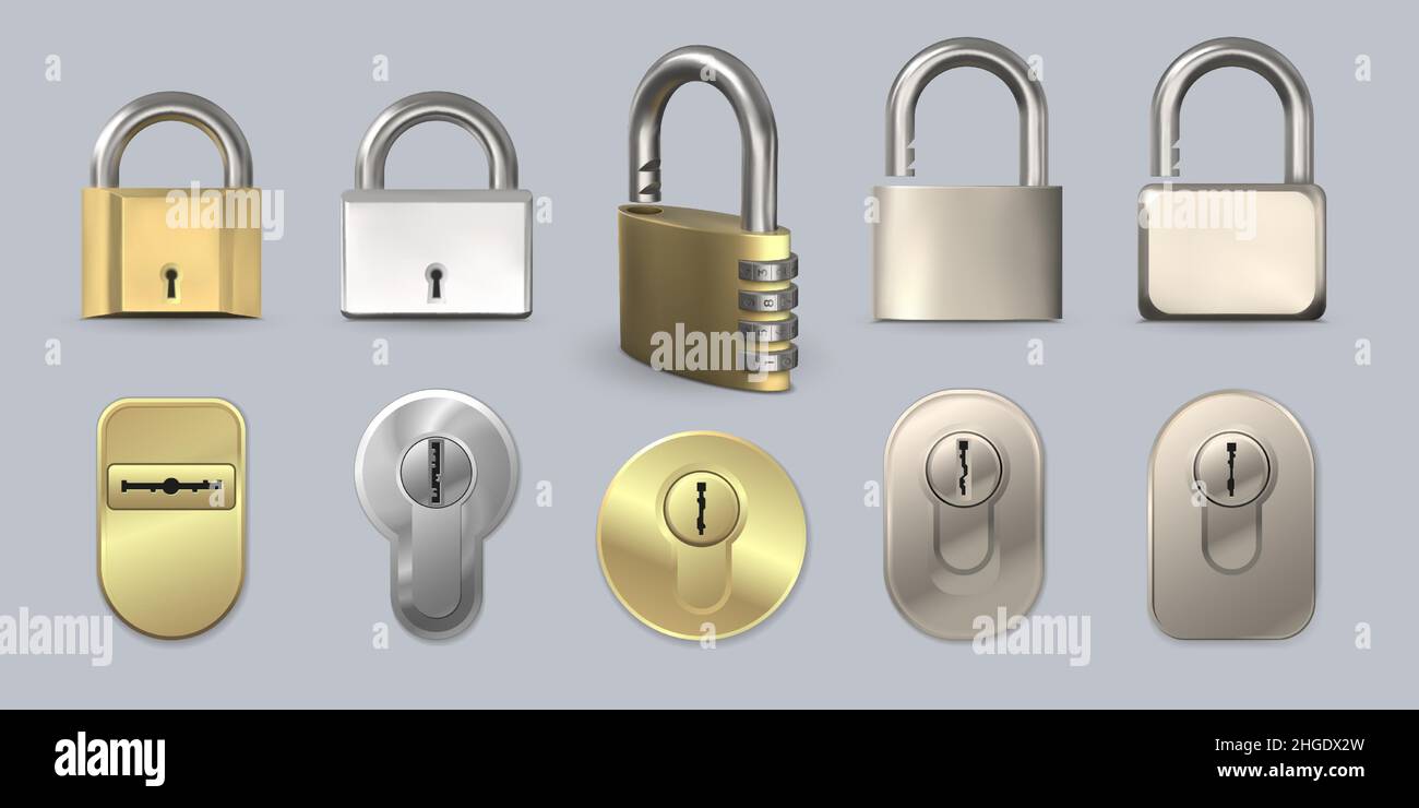 Realistic modern metal and golden safe locks and door keyholes. 3d code padlock with number