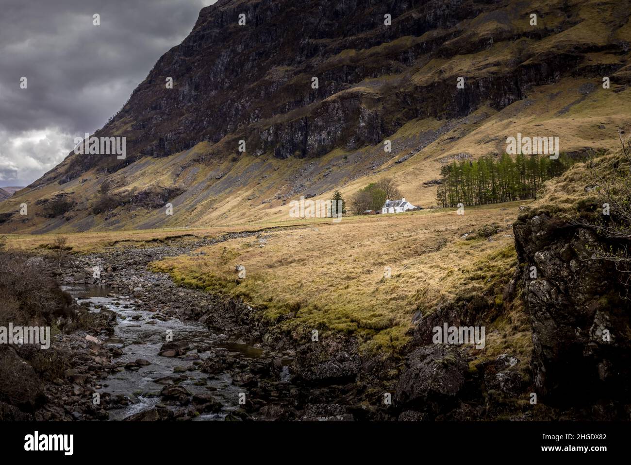 A view of Achnambeithach Cottage Glencoe, Scotland. Stock Photo