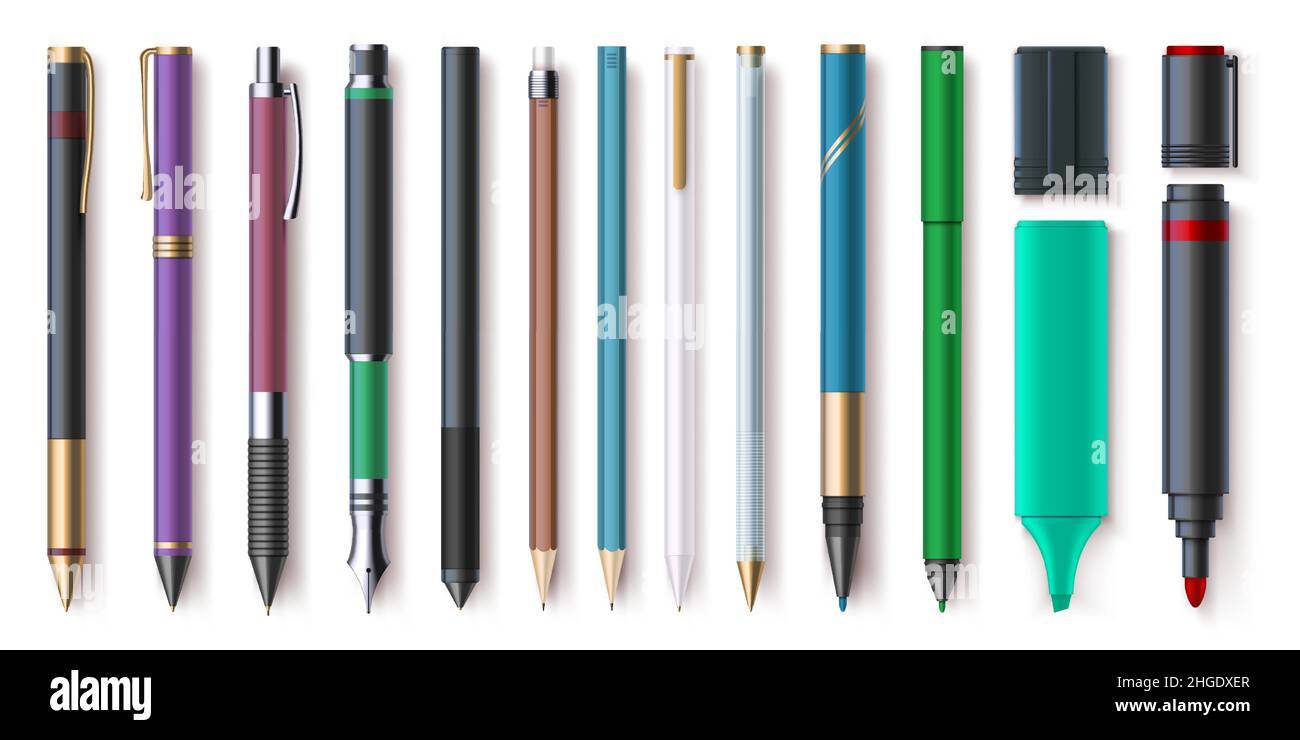 Realistic office writing supplies, pencils, pens and markers