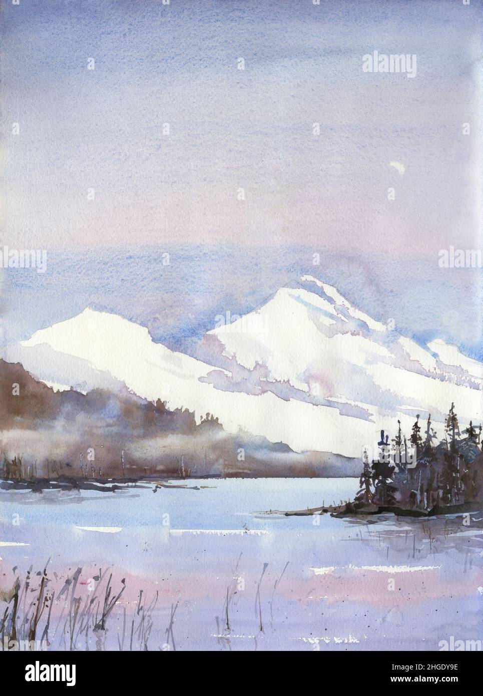 The morning rays of the sun colored high mountains with light a watercolor drawing of a sunny day a mountain landscape of a calm lake