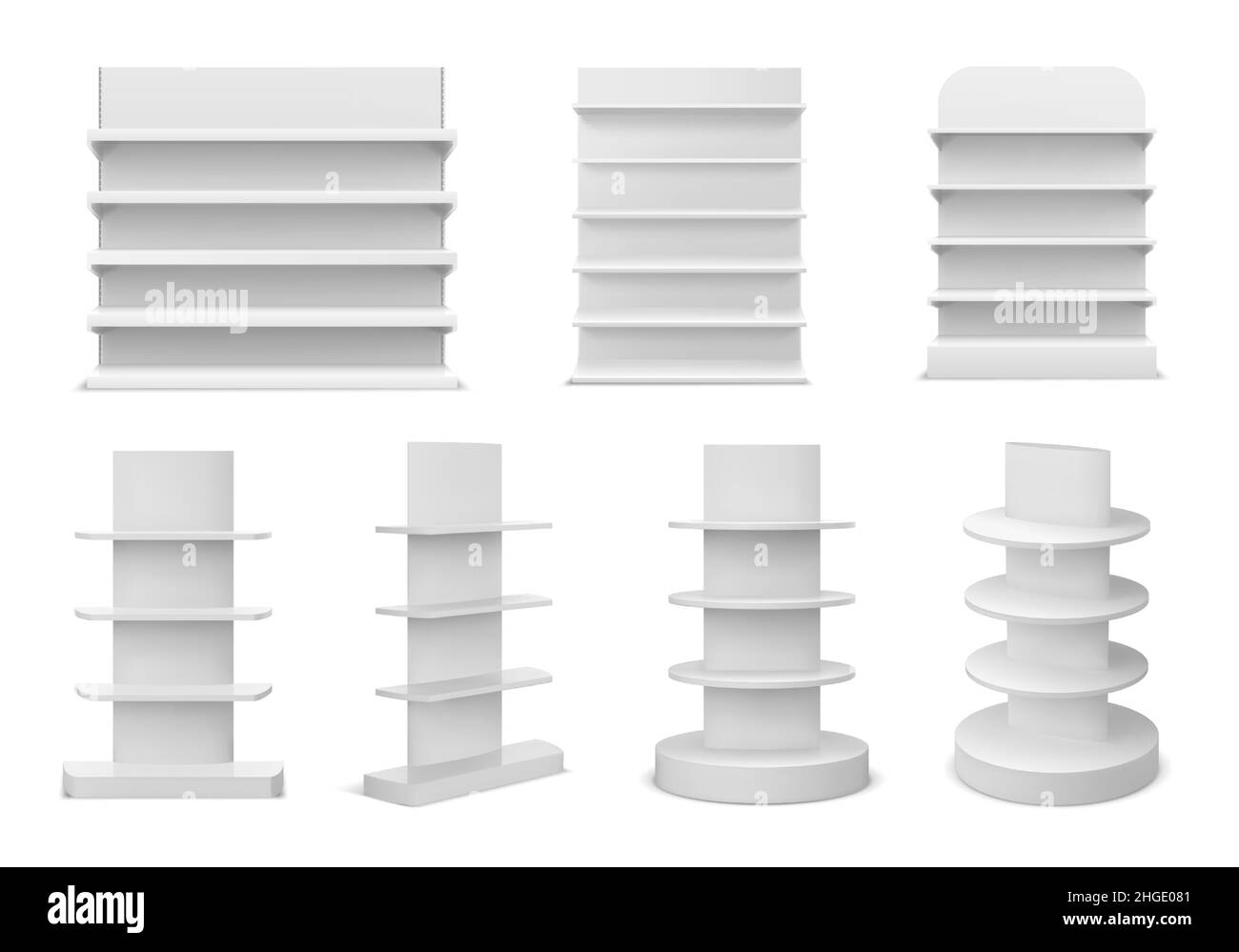 3d realistic white supermarket shelving display and bookstore racks. Empty market, shop or store shelf. Promotion stand mockup vector set Stock Vector