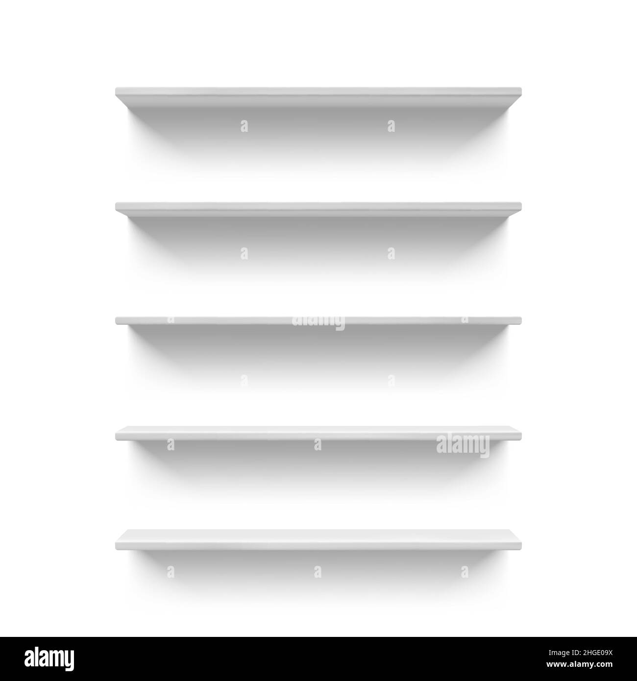 Realistic empty white store or shop shelves for books. 3D retail wall shelf display front view. Supermarket storage racks vector mock up. Stock Vector