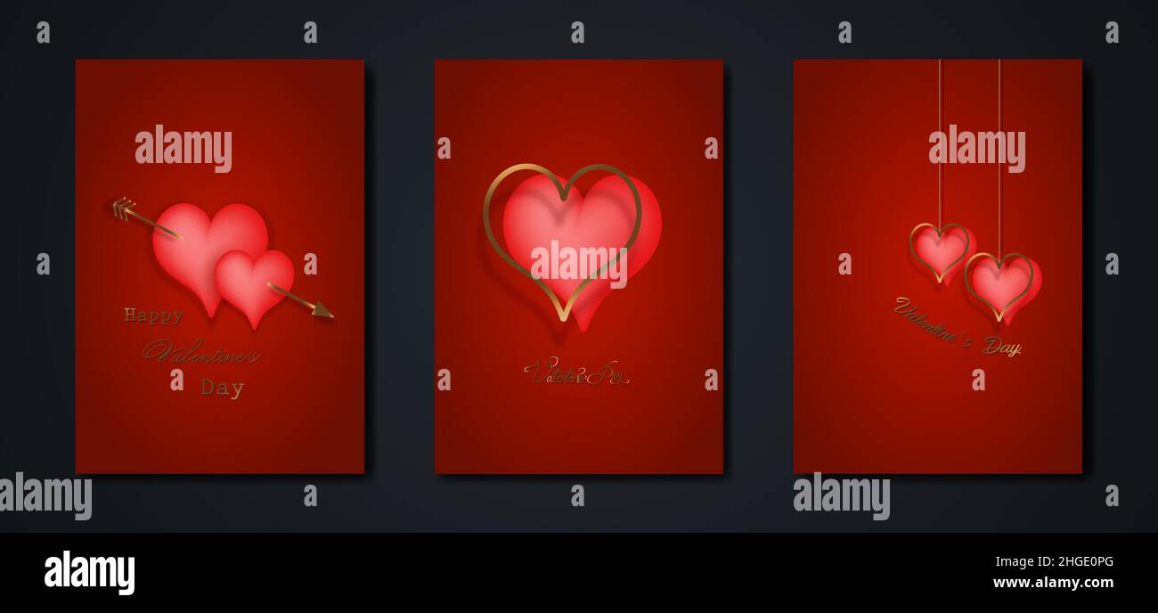Happy Valentines day vector set greeting card. Gold and red hearts on ...